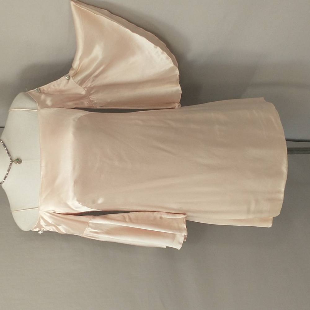 Vintage 60s Mini Dress Blush Satin Angel Wing Sleeves Off Shoulder Pastel Pink
